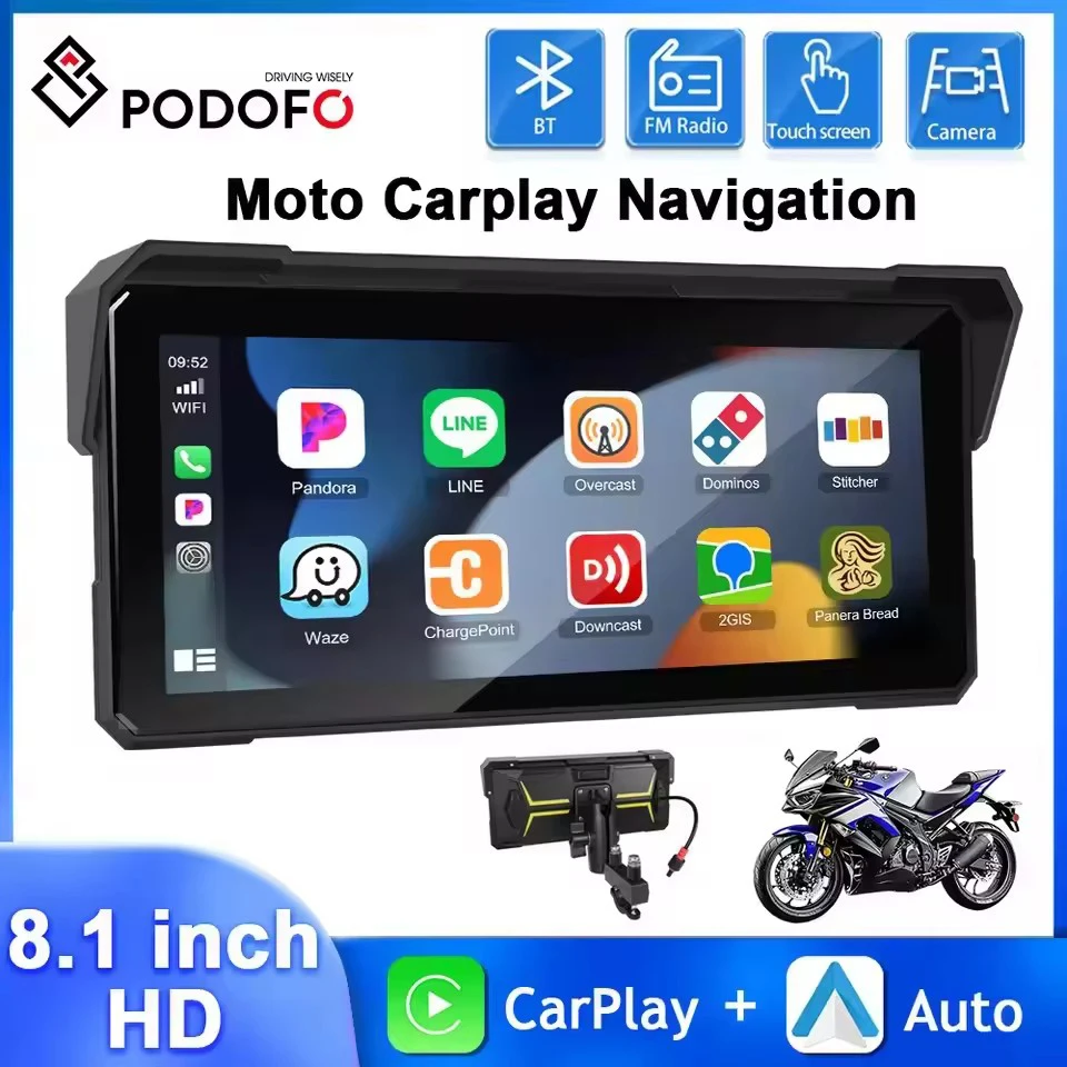 

Podofo 8.1'' HD Touch Screen Motorcycle Navigation GPS Carplay Android Auto Airplay Android Cast EQ Bluetooth IP68 Waterproof