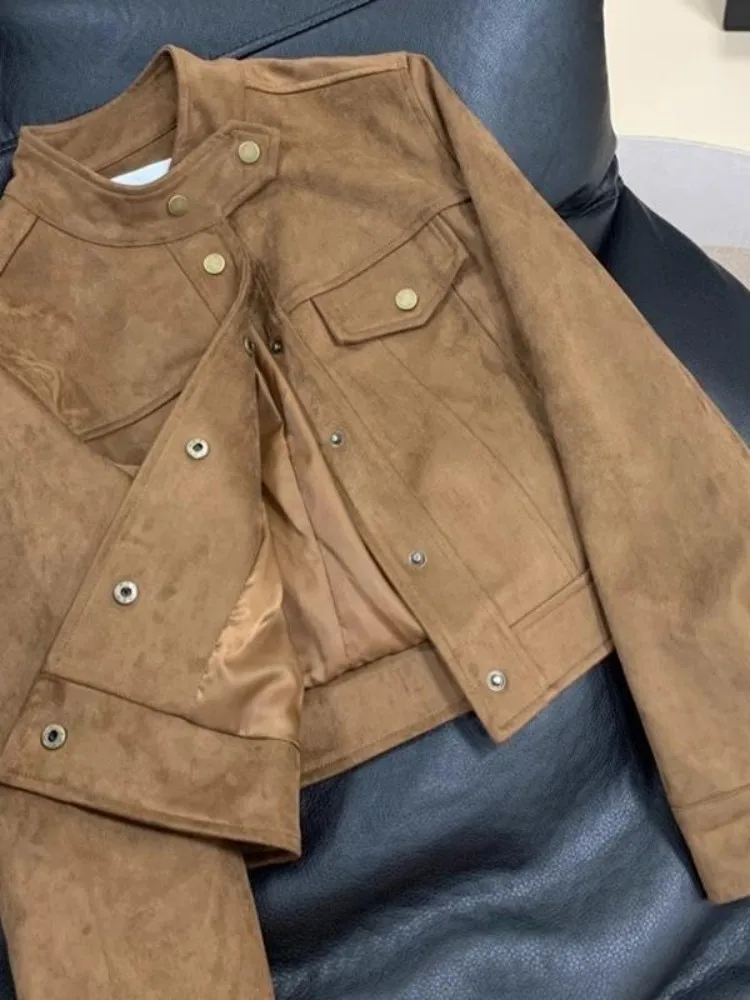 

Biker Jackets Womens Jacket With Protection Autumn Blacktweed Stand-Collar Checked Double-Breasted Minimalism Preppy College Ins