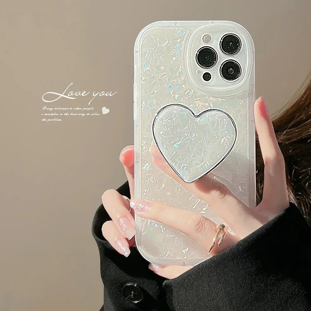 Glitter Dream Shell Pattern Love Heart Holder Case For iPhone 15 14 13 12 11 Pro Max 7 8 Plus XS X XR SE Mini Soft Bumper Cover