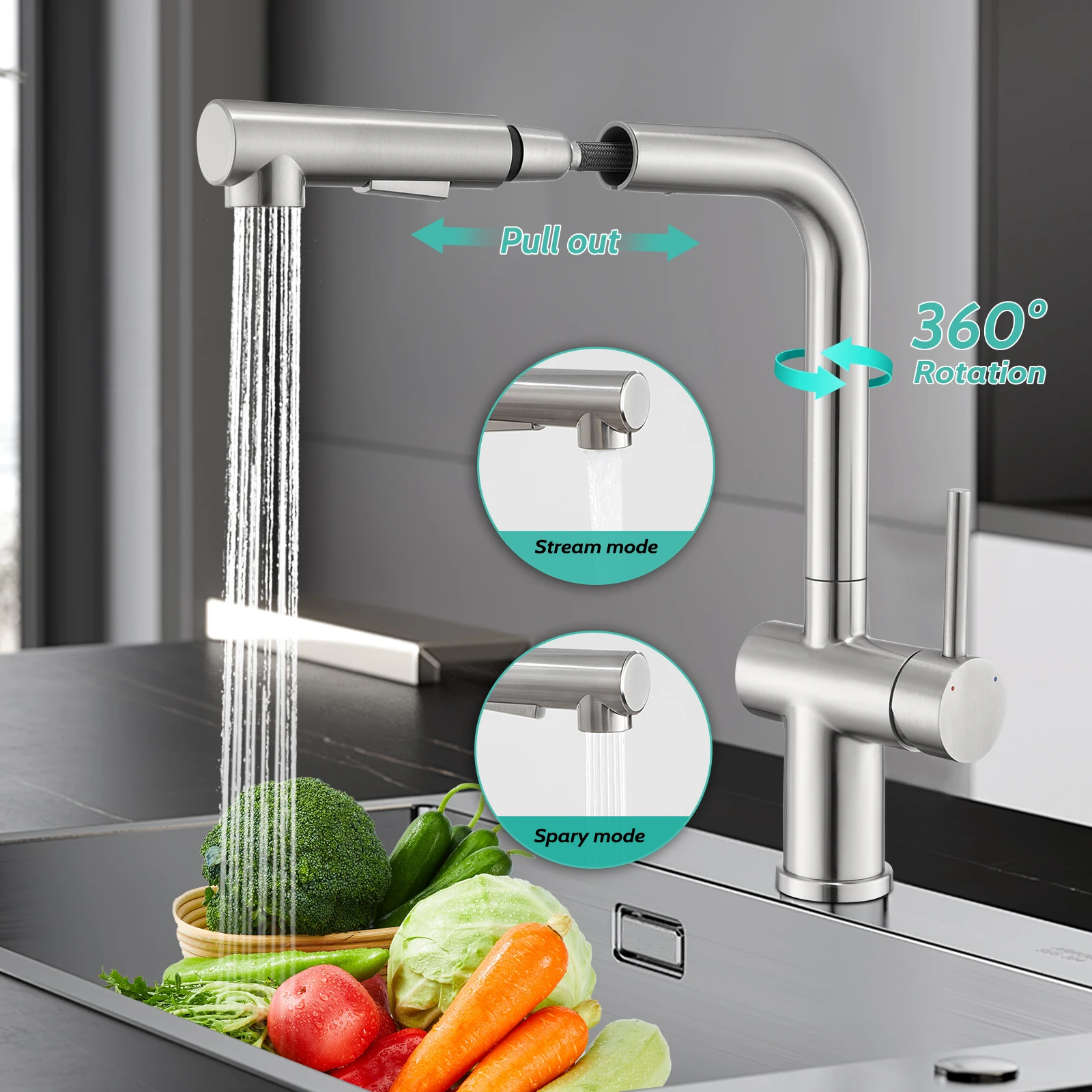 Oeegoo Kitchen Tap Extendible Kitchen Tap with Shower 2 Jet Types 360°Rotatable Kitchen Single Lever Sink Mixer Tap Brushed