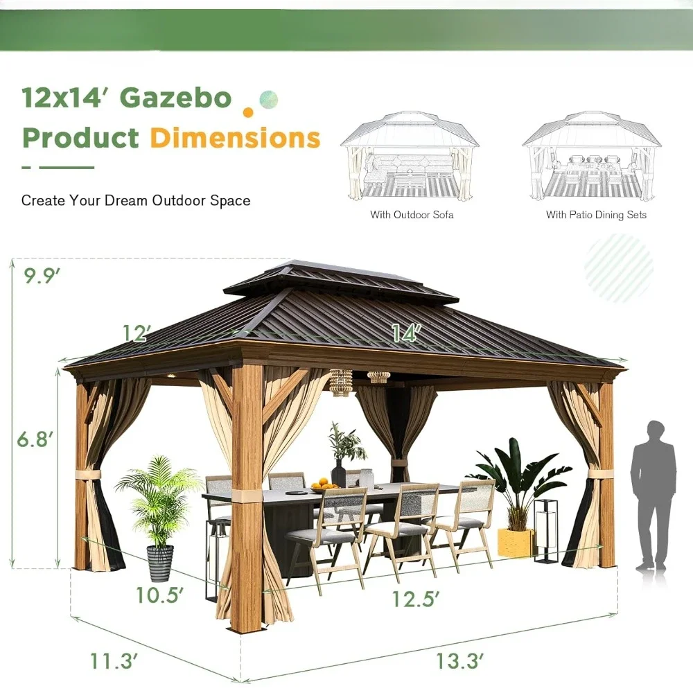 Gazebo, Wooden Finish Coated Aluminum Frame Canopy with Double Galvanized Steel Hardtop Roof, Outdoor Permanent Metal Pavilion