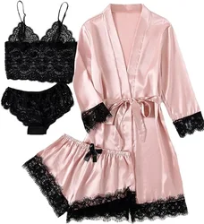 Women's Satin Pajama Set 4pcs Floral Lace Trim Cami Lingerie Sleepwear with Robe Sleepwear Lace Cami Shorts Loungewear Pink