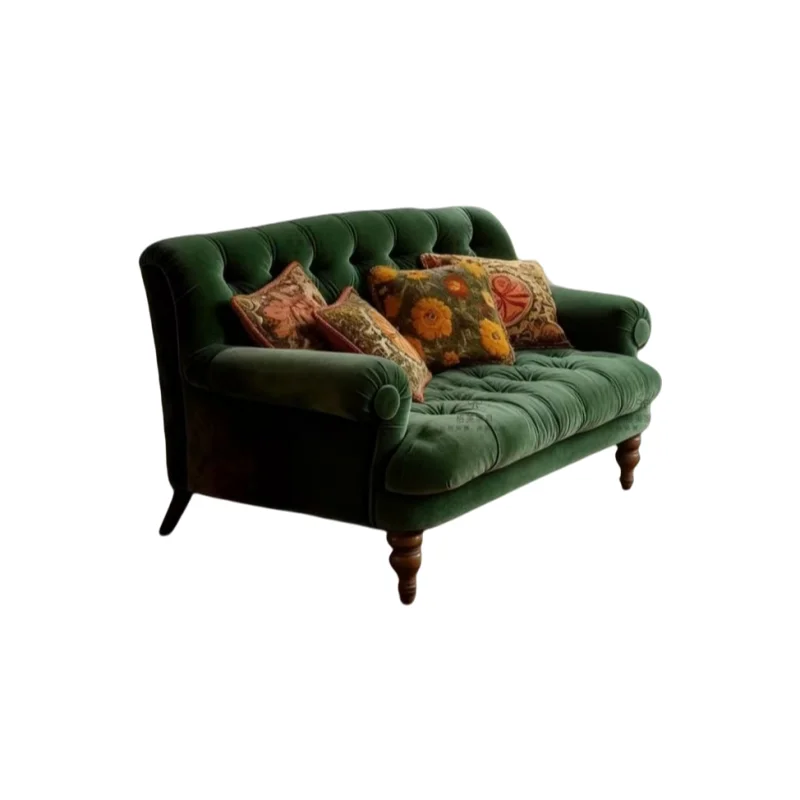 

French buckle small apartment living room retro double sofa American simple fabric bedroom straight row sofa designer