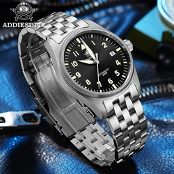 ADDIESDIVE Classic Men's watch Sapphire Automatic 8215 Stainless Steel Pilot watch Leather Luminous 200m Diving Dress Watch New