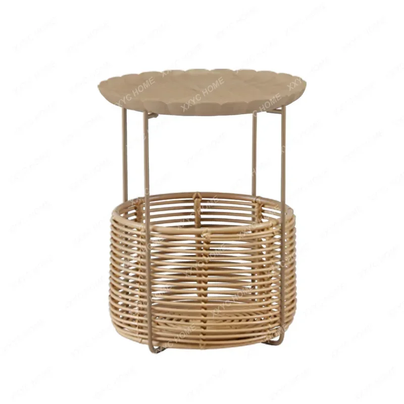 X-S  New Product Creative Small Coffee Table Solid Wood Rattan Corner Table round Living Room Sofa Iron Side Table HG