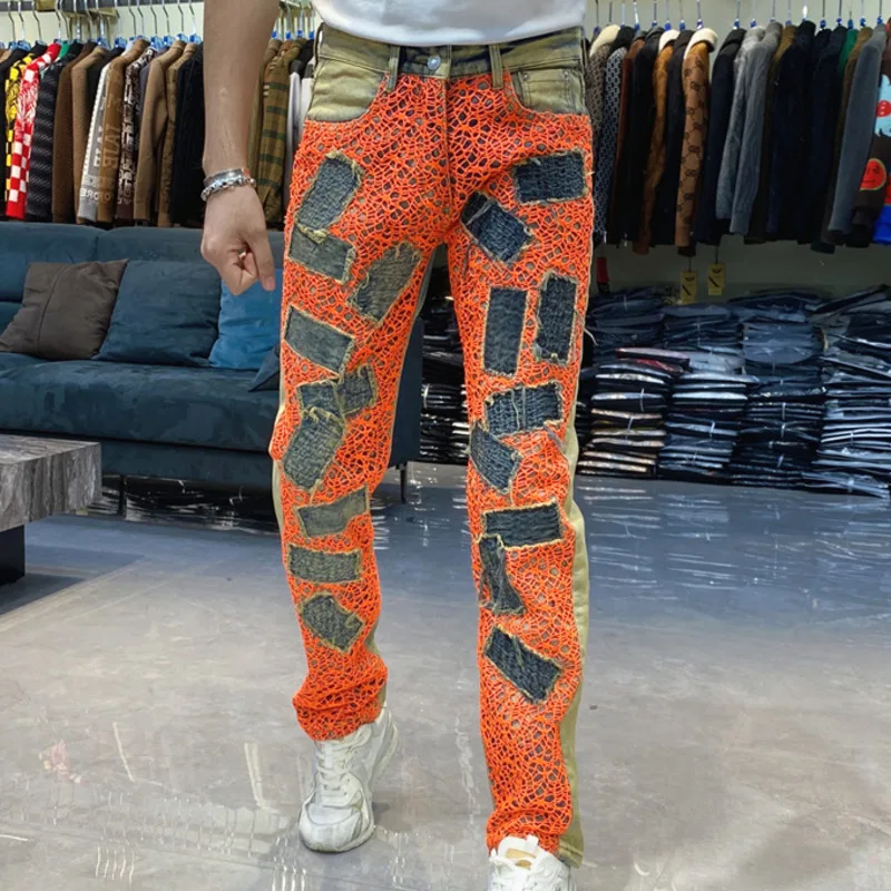 Hollow Contrasting Color Mesh Personalized Denim Pants Trousers Contrasting Colors Versatile Small Straight Elastic Jean For Men