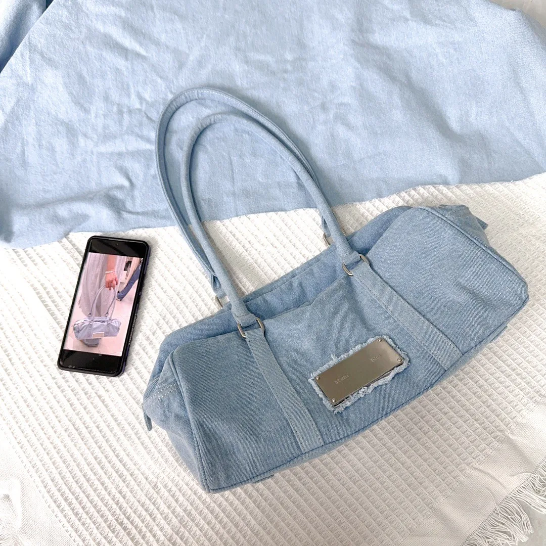 FIRMRANCH Korean Trend Metal Brand Summer Fresh Baby Blue Washed Denim Craft Large Horizontal Tote Female Shoulder Underarm Bag