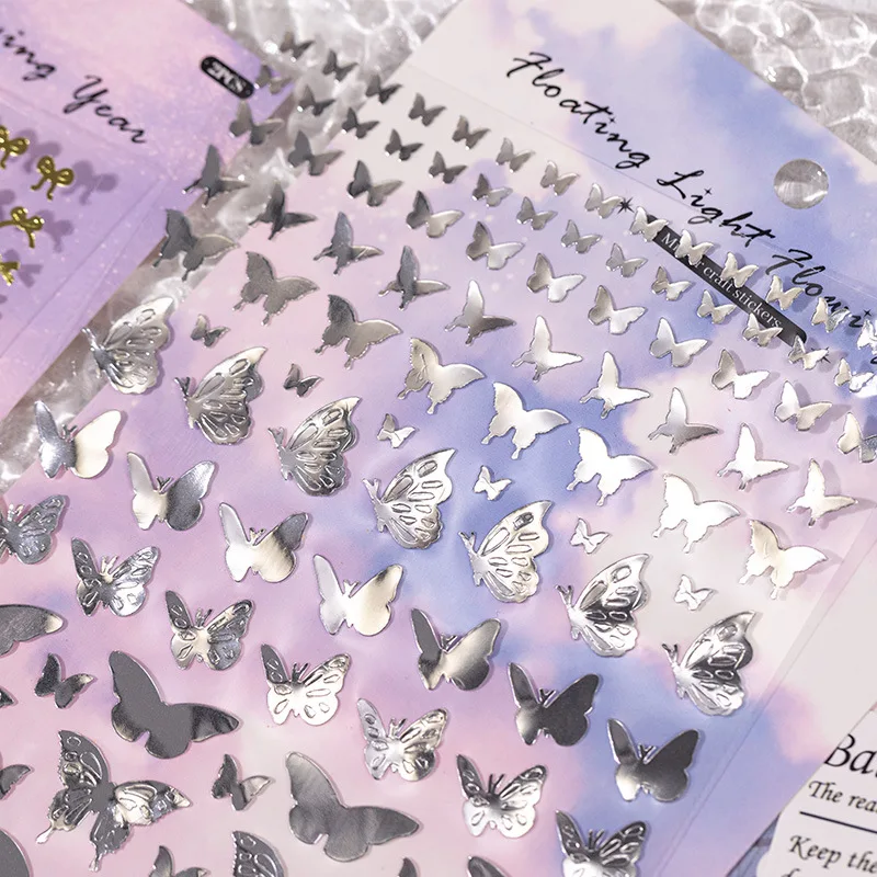 Mirror Sticker Ethereal Glow Butterfly Bow Scrapbooking Sticker for DIY Journal Ita Bag Nail Decal Reflective Light Decoration