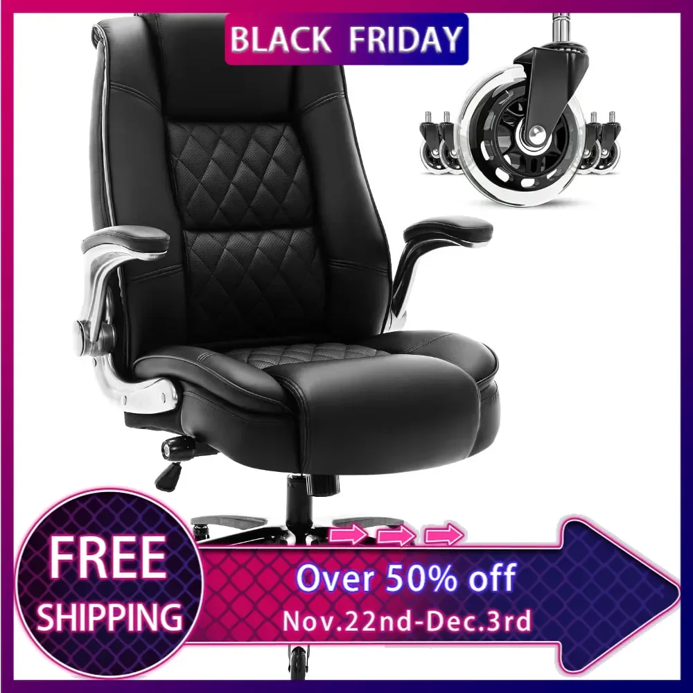 High Back Office Chair- Flip Arms Adjustable Built-in Lumbar Support,Executive Computer Desk Chair Work Chairs,Strong Metal Base