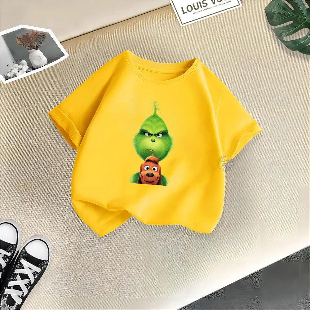 Disney Summer Comfort 100% Cotton Naughty Boys Girls T-shirt Grinch Creative Print Street Y2K Casual Cotton Boys Girls Top