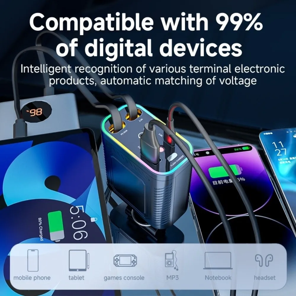 

Портативное автомобильное зарядное устройство для телефона 120 Вт, автоматический адаптер питания Starlight 4-в-1, двойной кабель типа C, выдвижной зарядный адаптер
