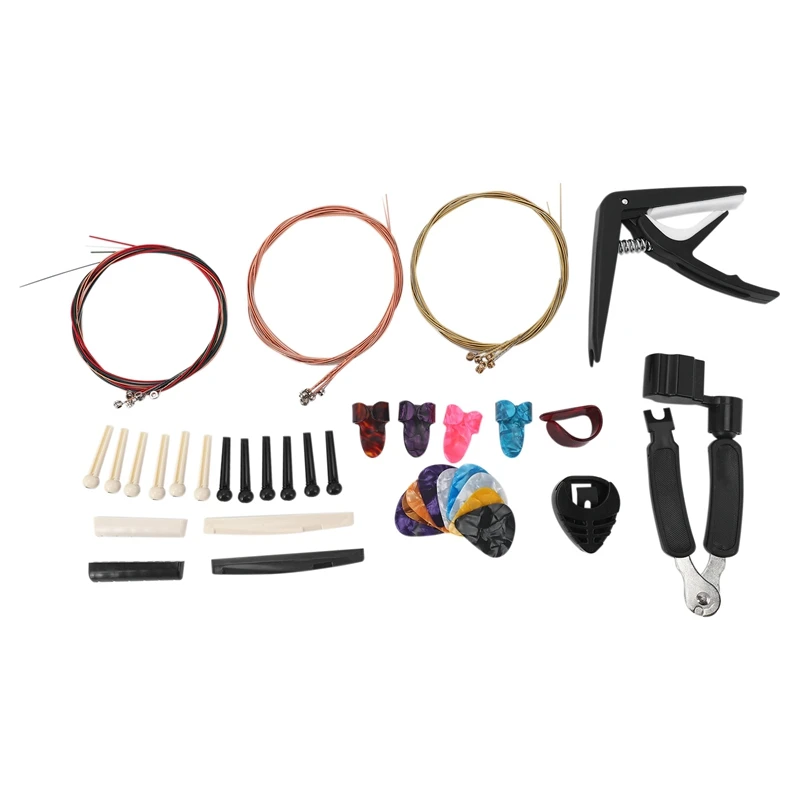 34 PCS Guitar Accessories Kit Including Guitar Picks,Capo,Acoustic Guitar Strings,3 in 1String Winder,Bridge Pins,6 String