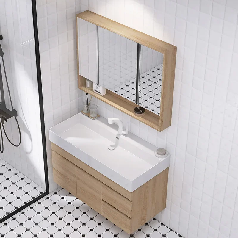 Moderno simples cerâmica integrado grande bacia luz de luxo lavatório espelho inteligente log cor armário do banheiro