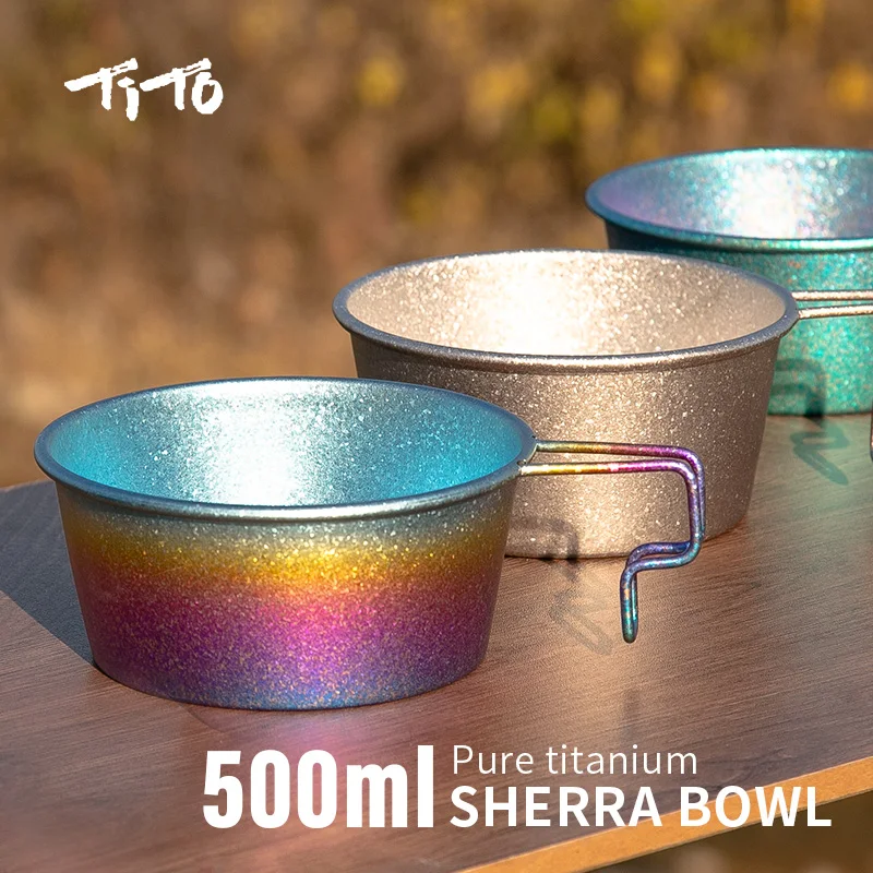 TiTo Titanium Sierra Bowl 500ml with Handle Dinner Food Container Camping Pot Tableware for Outdoor Hiking Backpacking Picnic