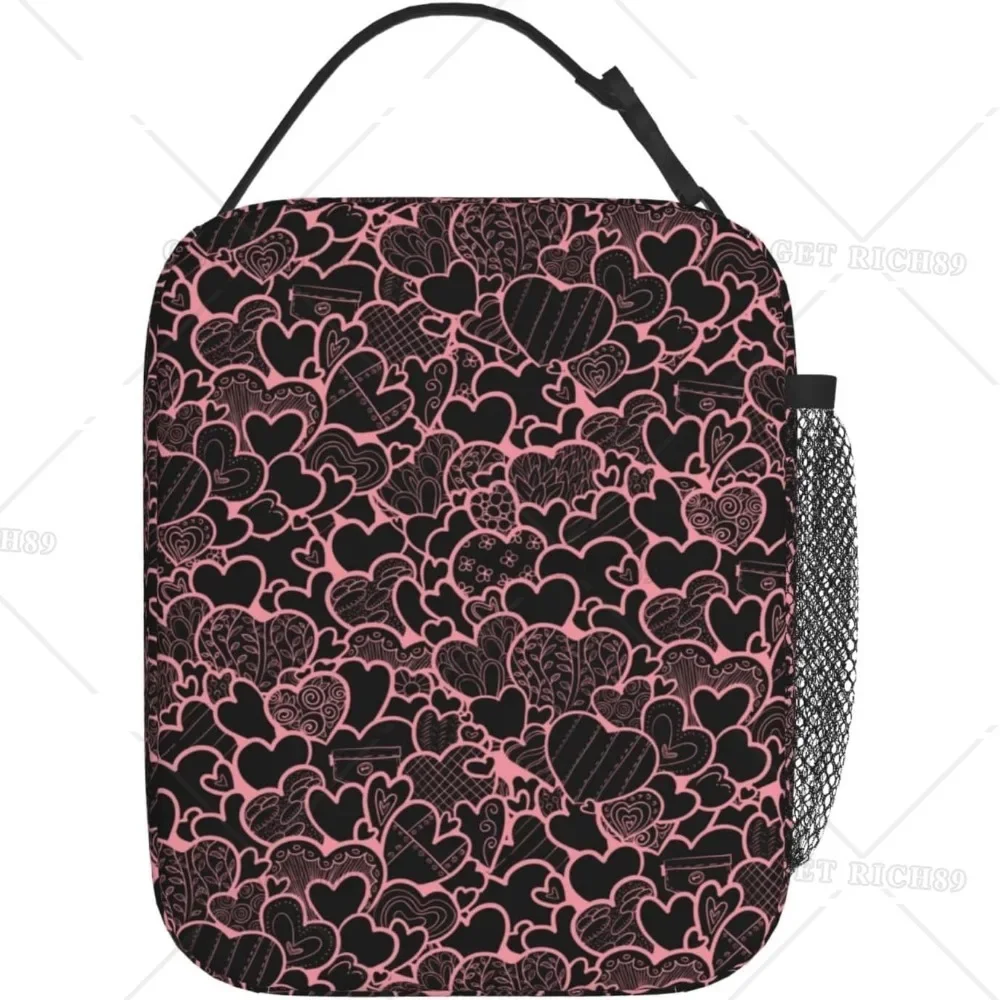 Valentines Day Pink and Black Love Hearts Insulated Lunch Bag for Women and Men, Reusable Portable Box for Office Travel Work