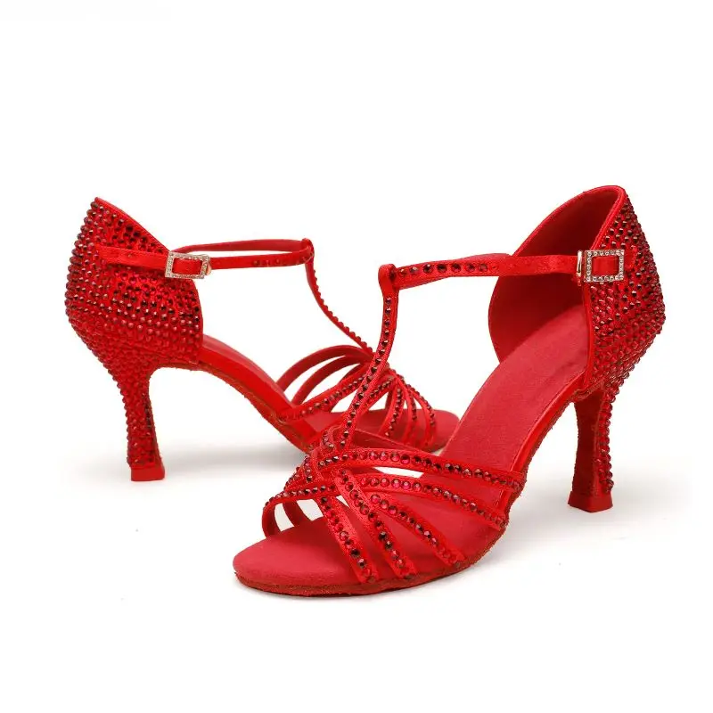 Red Latin Dance Shoes Women Rhinestone Satin Sandal Lady Ballroom Salsa Highheels Pro Soft Sole Comfortable Stable Heel SJdance