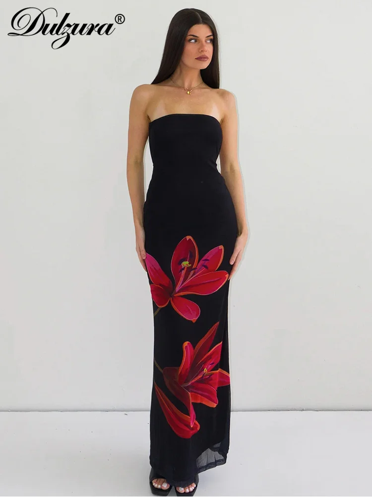 Dulzura Sleeveless Flower Print Tube Bodycon Midi Dress Backless Lace Up Elegant Sexy Outfit Party Club Autumn Winter