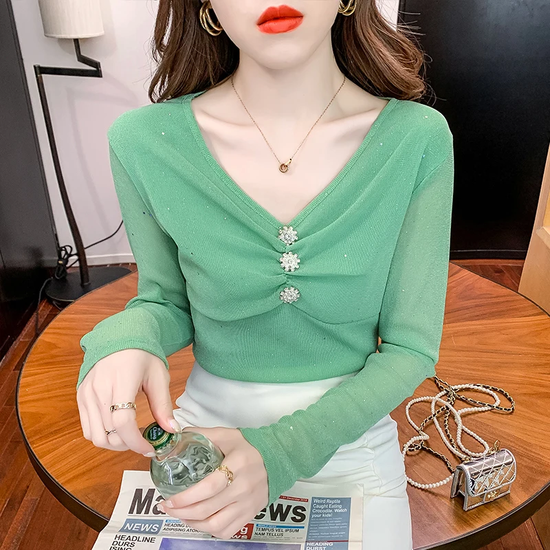 

Sexy V-Ne Long Sve T-irt Women's Faion Me Top Slim Fit Versatile Base irt Korean Sle Commute Youth Pure Color