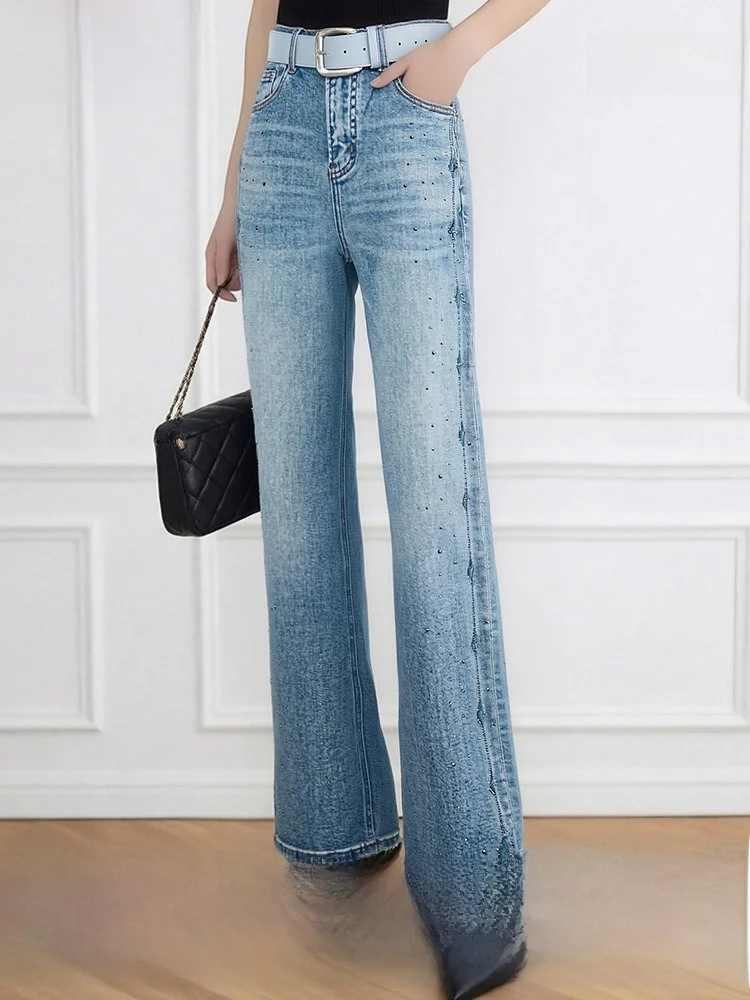 

Blue High Waist Draped Wide Leg Jeans Women's Summer Casual Straight Cut Jeans Loose Fit Slimming High Waist Denim Pants
