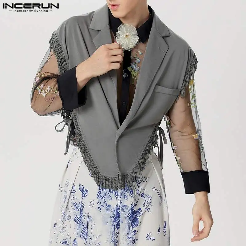 Men Irregular Vests Tassel Patchwork Lapel Sleeveless One Button Waistcoats 2024 Streetwear Lace Up Fashion Casual Vests INCERUN