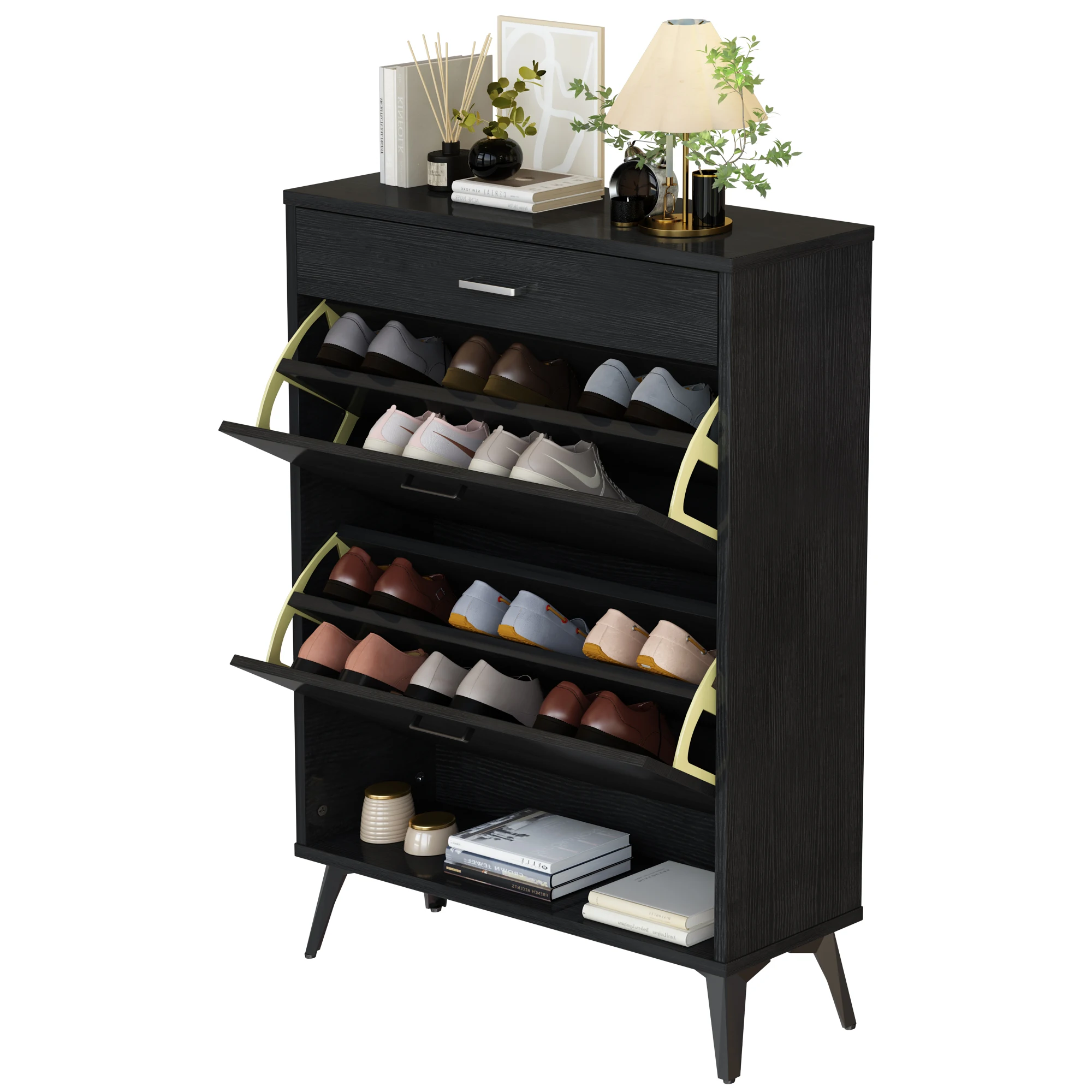 Wholesale Improved Shoe Shelves Cupboard Cabinet Black Shoe Rack Storage With 2 Flip Shoe Cabinet and Open Shelf