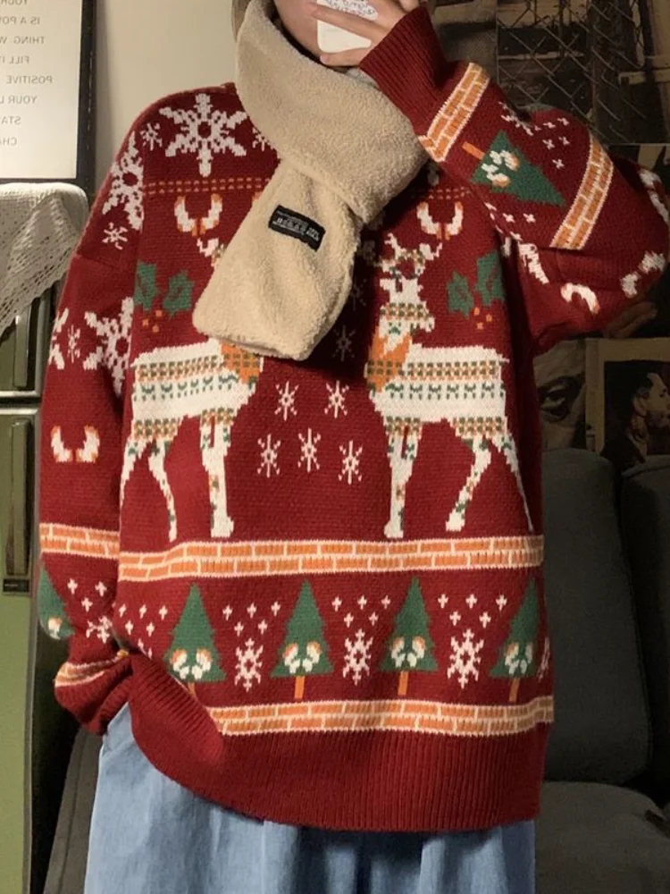เสื้อผ้าผู้หญิง เสื้อสเวตเตอร์คริสต์มาส เสื้อสเวตเตอร์คอกลมทรงหลวมสำหรับฤดูใบไม้ร่วงและฤดูหนาว ชุดคู่รัก เสื้อถักอเนกประสงค์ แฟชั่น