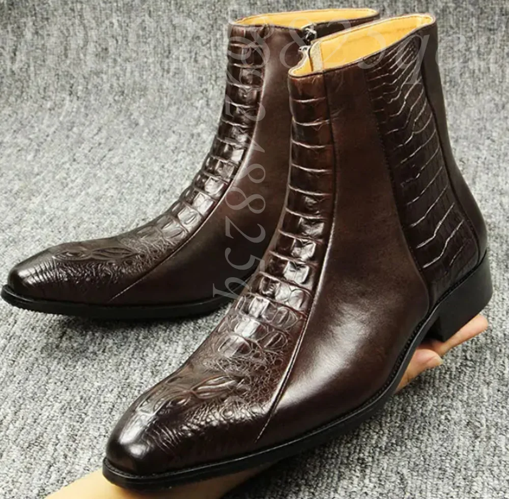 

Men's Vintage Dark Brown Crocodile Embossed Leather Dress Ankle Boots, Side Zipper Pointed Toe Dress Boots for Formal Business