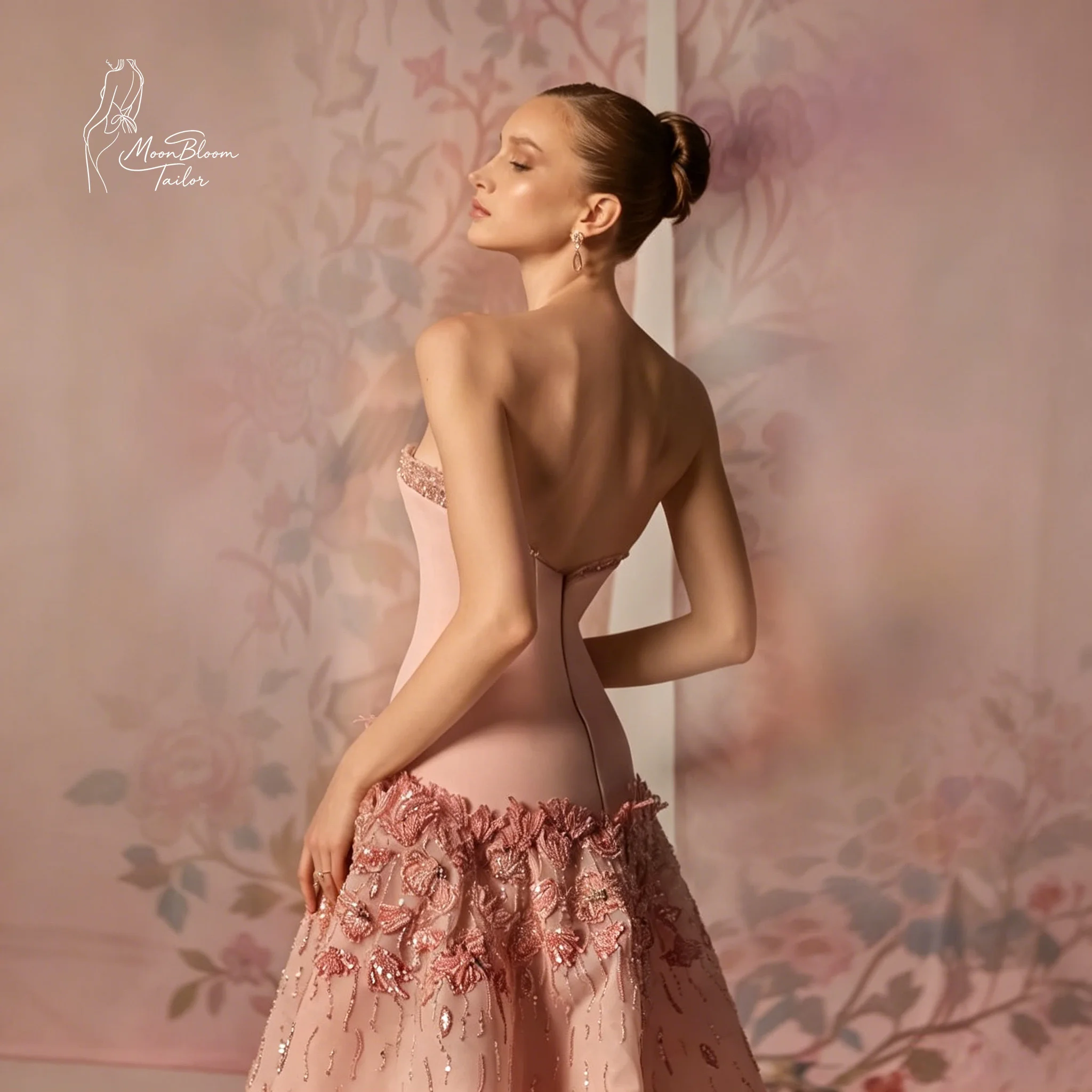 MoonBloom Tailor Blush Pink Strapless Floral Embroidered Satin Ball Gown | Custom Evening/Prom/Wedding Guest Dress image 2