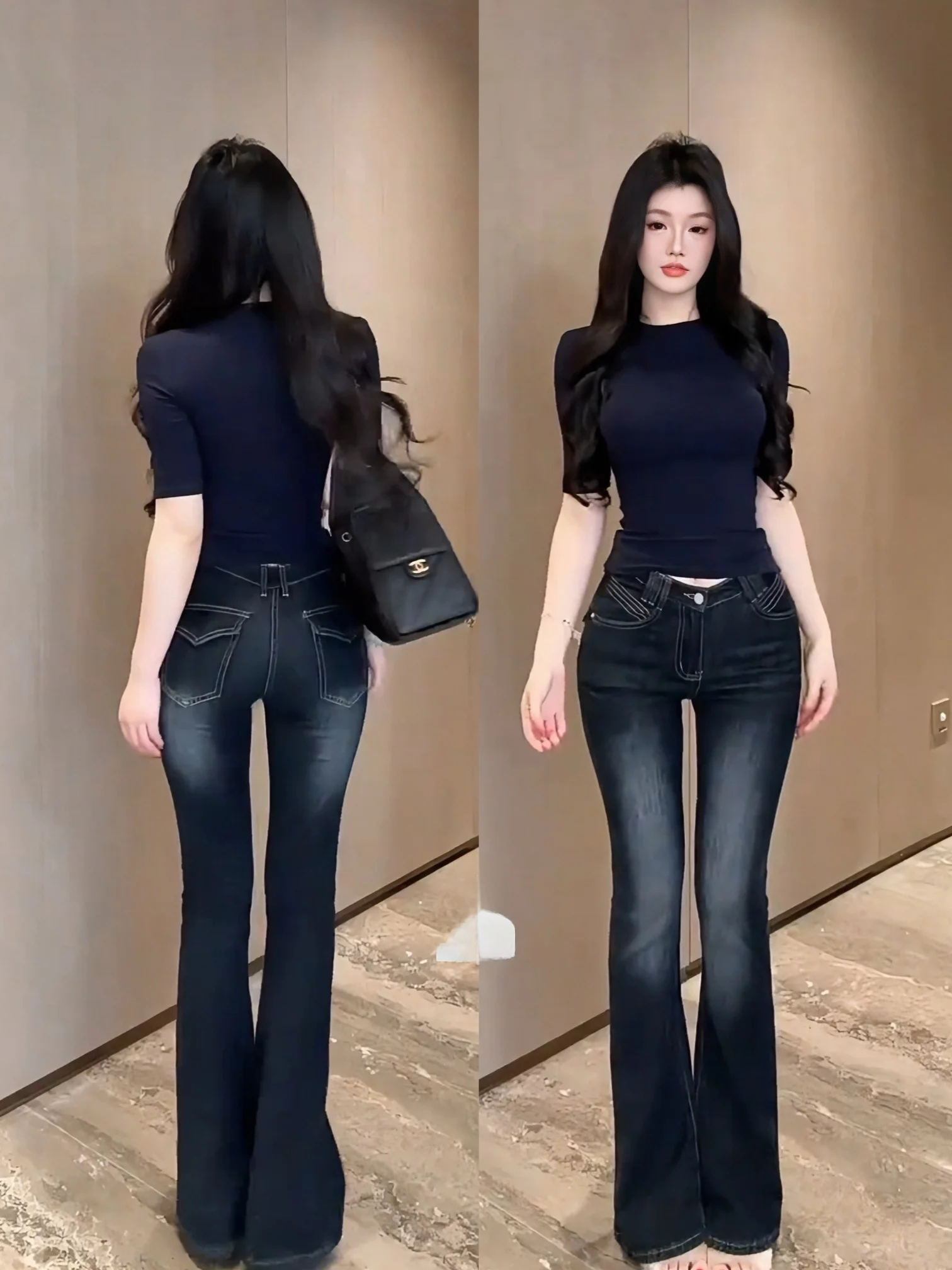 

Supermodel Hip Enlargement Jeans High Waist Long Leg V-Shaped Waist Fixed Bootcut Denim Slim Fit mid Stretch Autumn Ladies