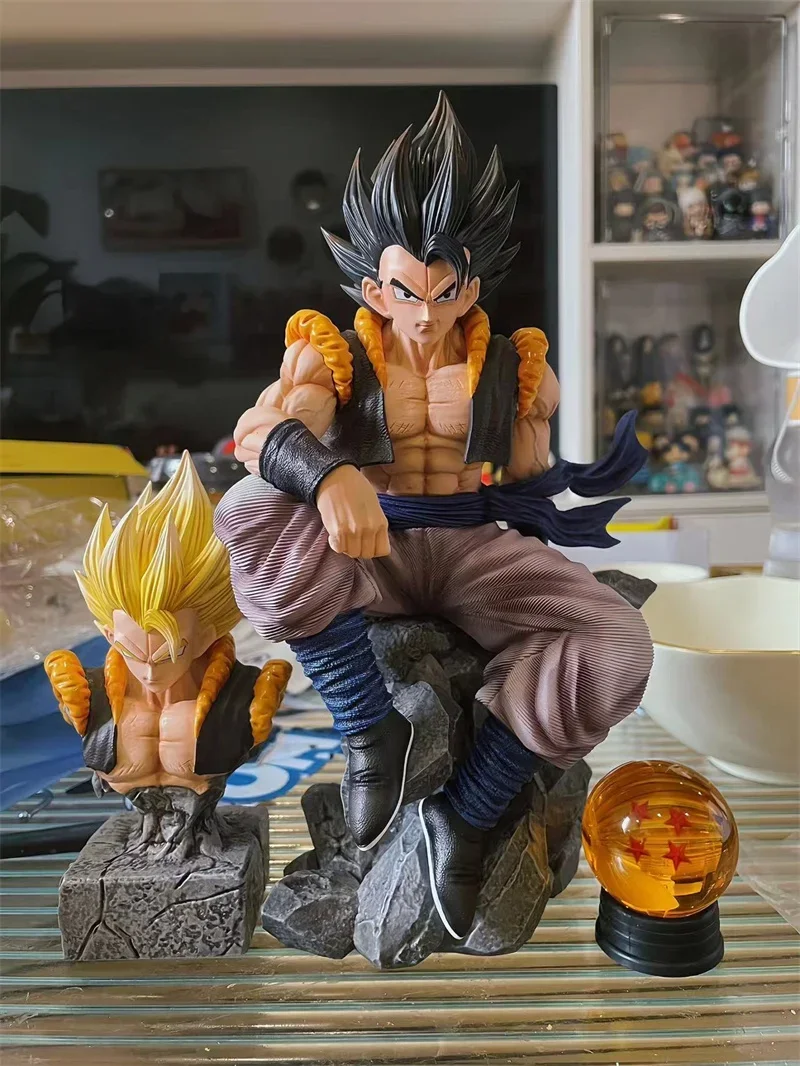 

25cm Anime Dragon Ball Figure Gk Three Head Replaceable Sitting Posture Gogeta Figure Model Ornaments Toy Gift