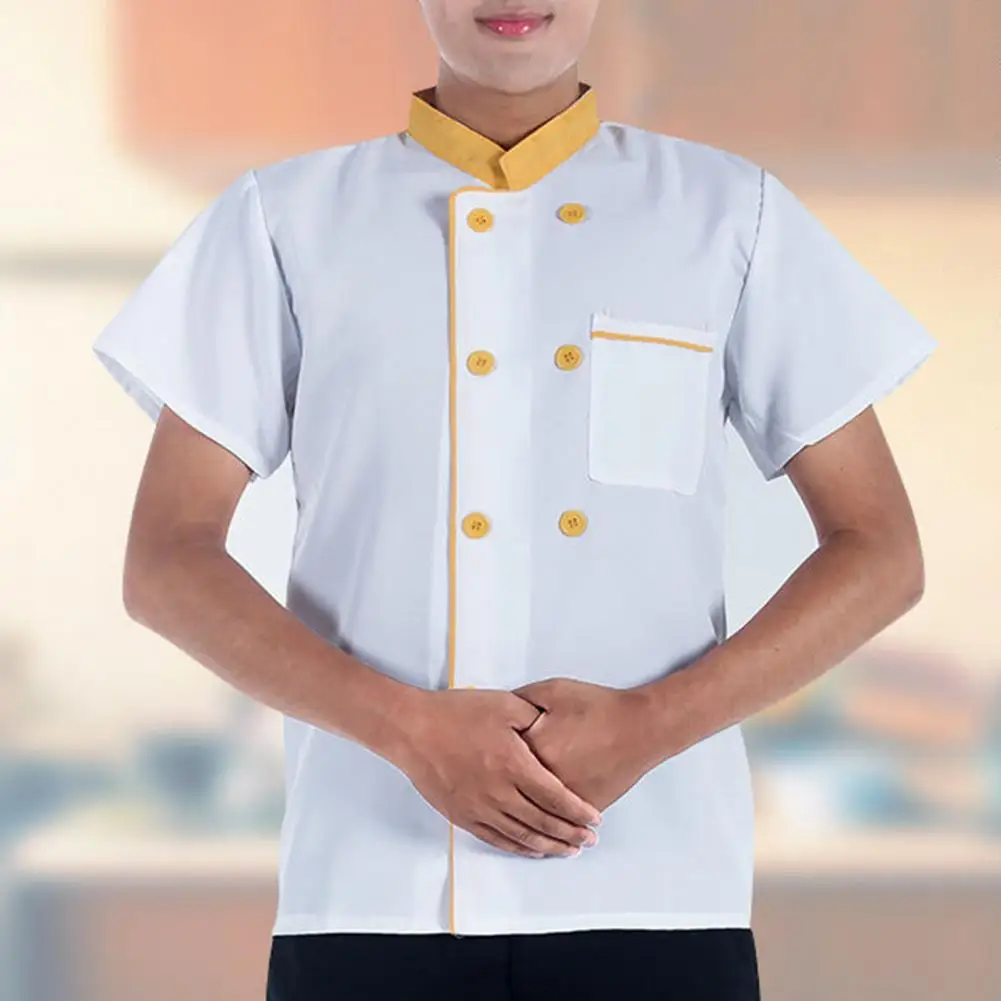 2025 M-3XL Uniforme da cuoco estiva Doppiopetto Manica corta Unisex Colletto alla coreana Cucina Panetteria Ristorante Cantina Cameriere Top