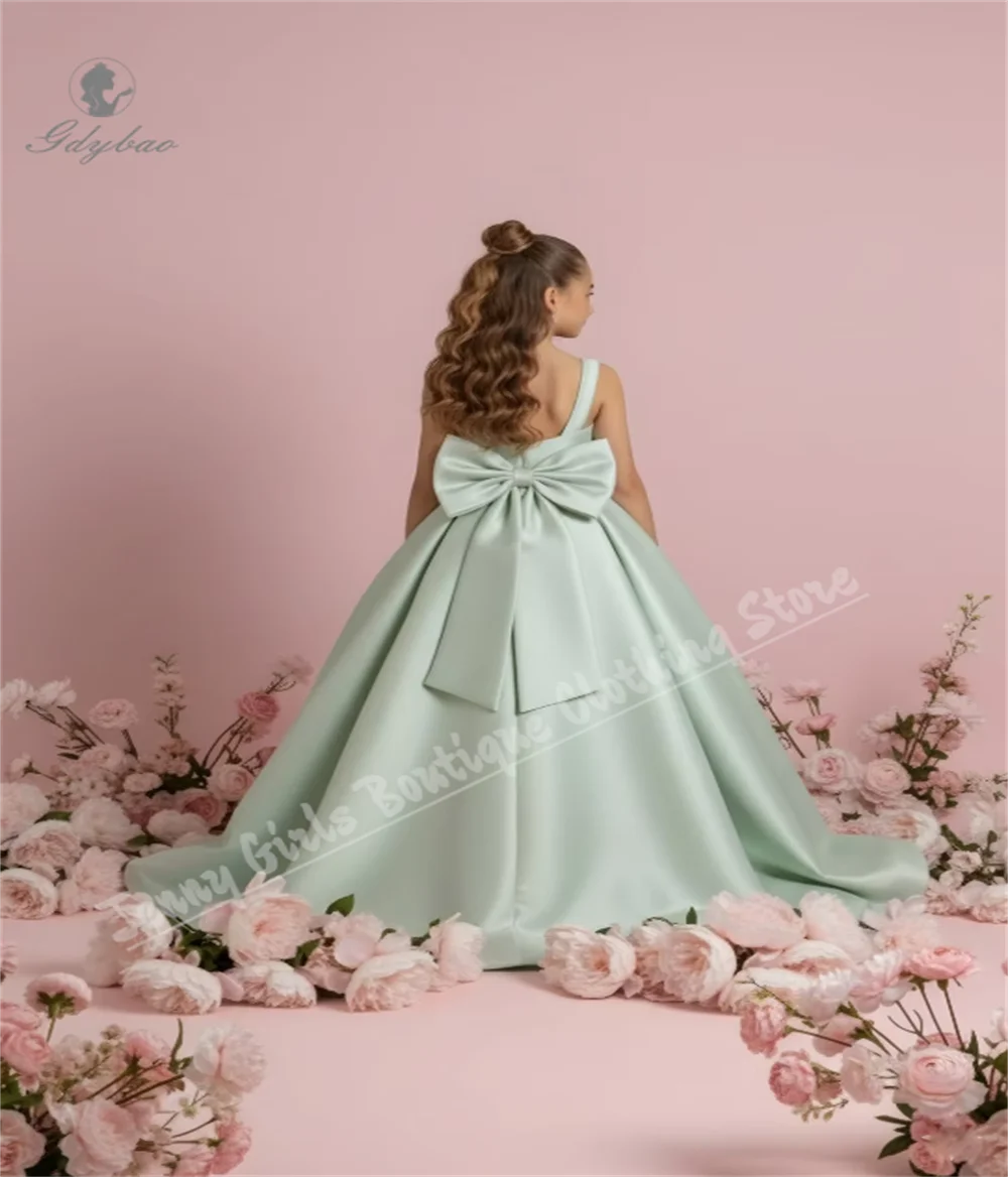 Girls Wedding Bridesmaid Dress Satin Sage Green Flower Girl Dresses Backless Bows Long Girls Party Communion Birthday