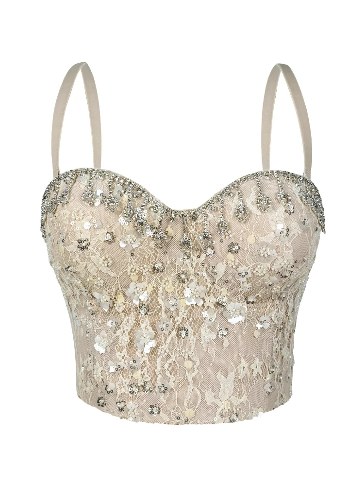 

SsTss Sexy Rhinestone Fringe Boned Bustier Top Elegant Sequins Spaghetti Strap Sleeveless Slim Crop Top for Women Party Clubwear