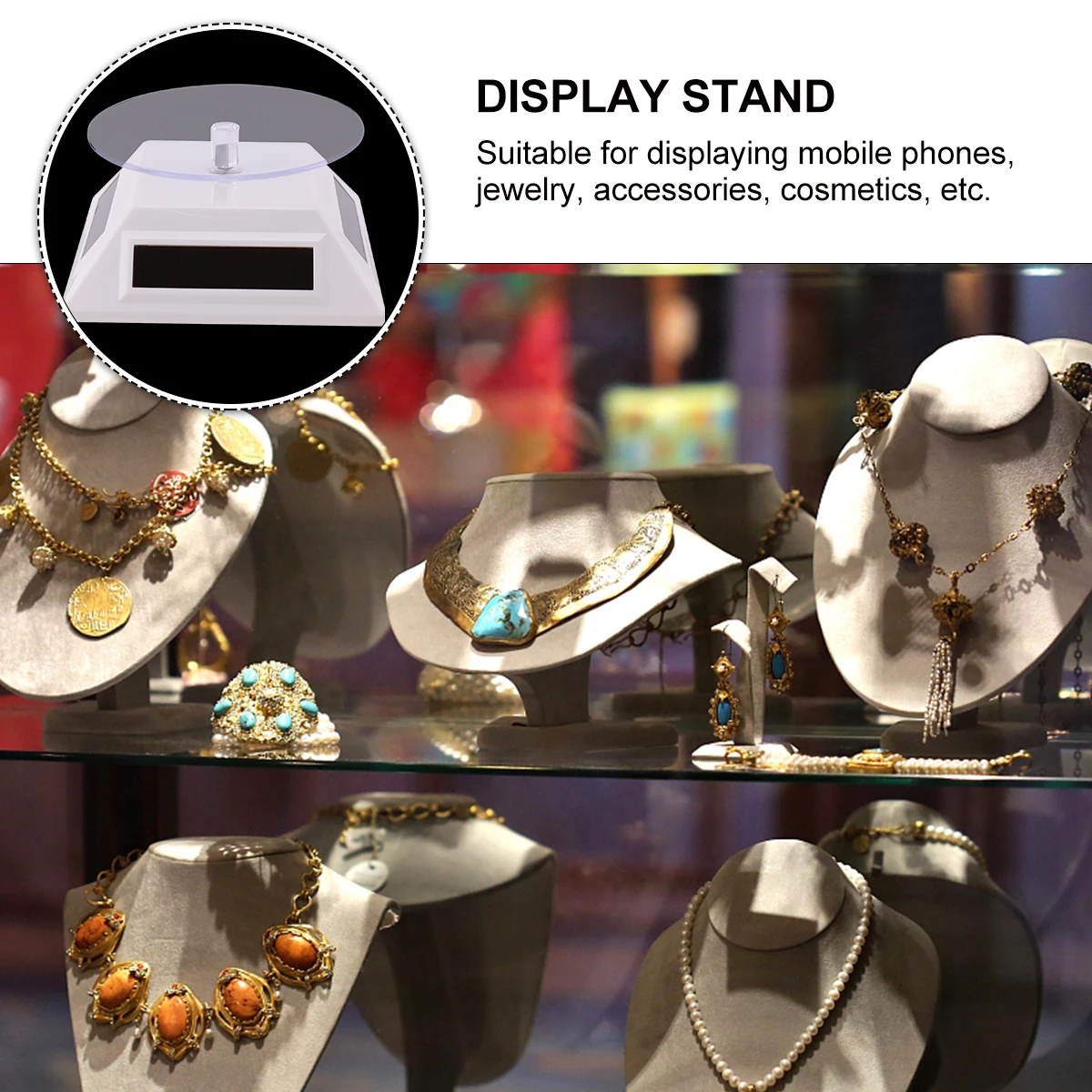

Solar Powered 3 Layer Rotating Display Stand Showcase Turntable for Jewelry Watches Phones 4 Side Solar Panels Reversible