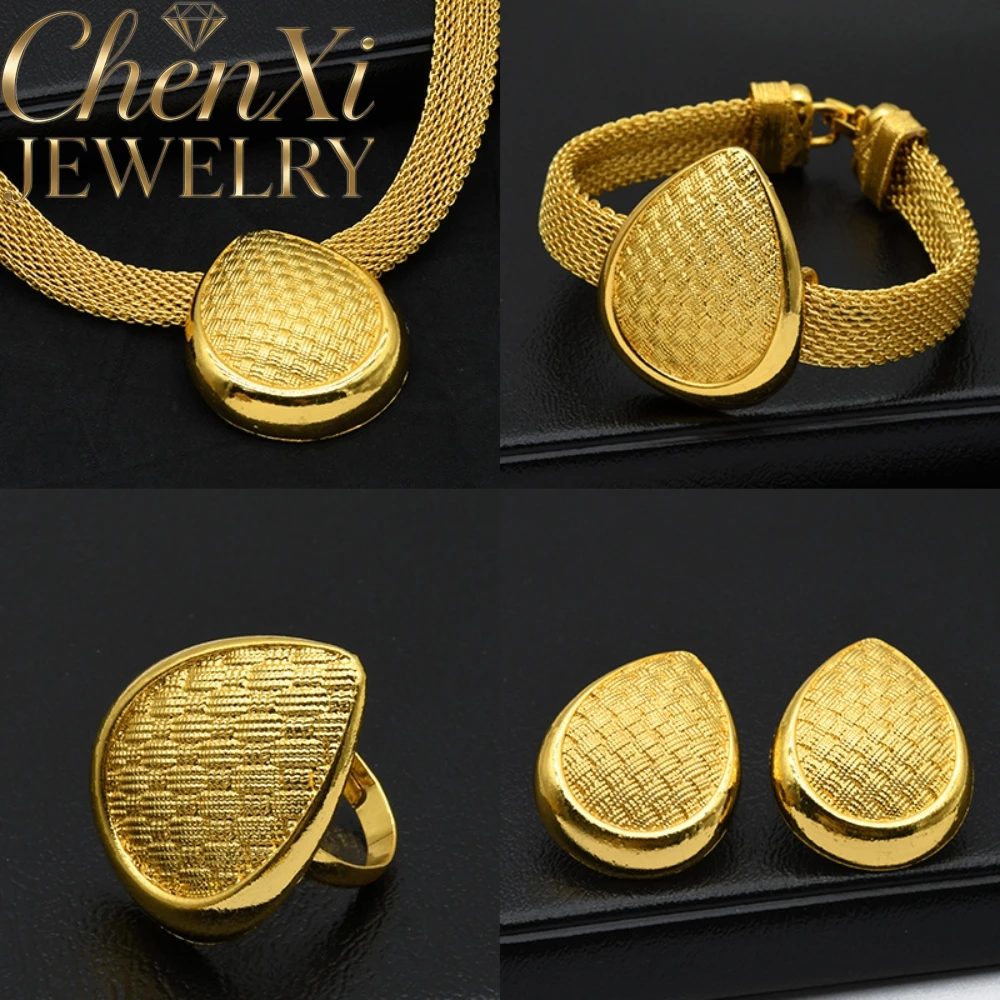 High-End Luxury Elegant Alluvial Gold Fashion Popular Jewelry Set Women Wedding Party Banquet Necklace Earrings Ring 4pcs Gift