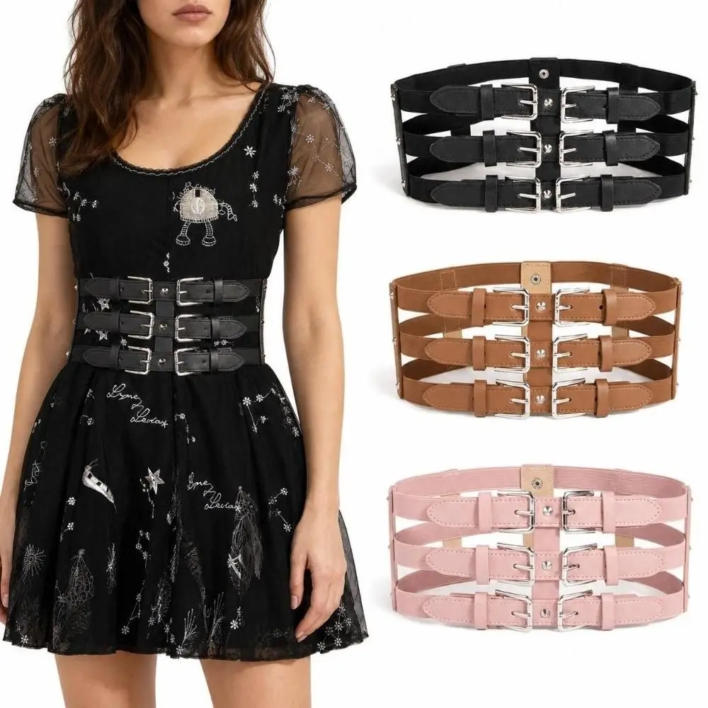 High Quality Three Row Buckle Waistband Belt Punk Style Wide Elastic Waist Belt Slim Fit Versatile Women's Waist Belt for Women