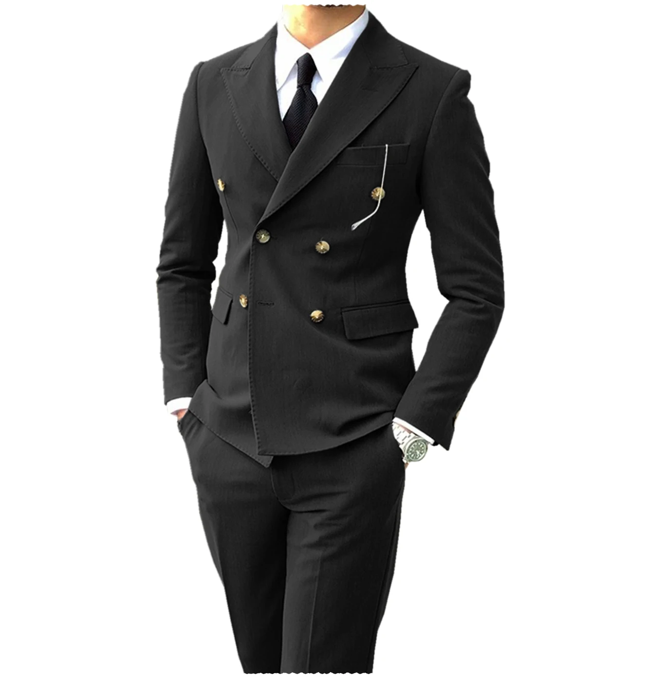 

Elegant Suit 2 Piece Black Blazer Pants Double Breasted Peak Lapel Jacket Business Casual Groom Wedding Dress for Men