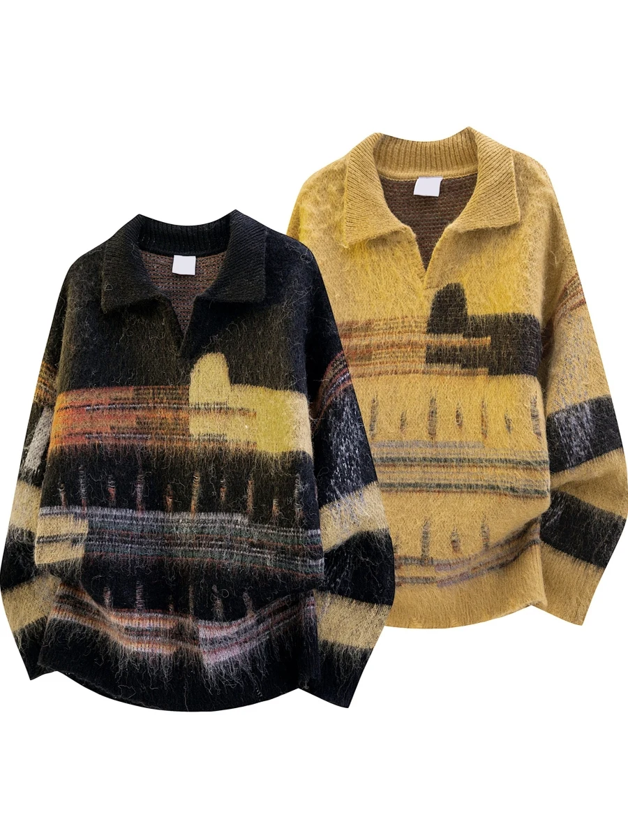 

Американский винтажный шик: вязаный свитер с воротником в стиле колор-блок, свободный повседневный оверсайз худи для мужчин и женщин, осенняя мода