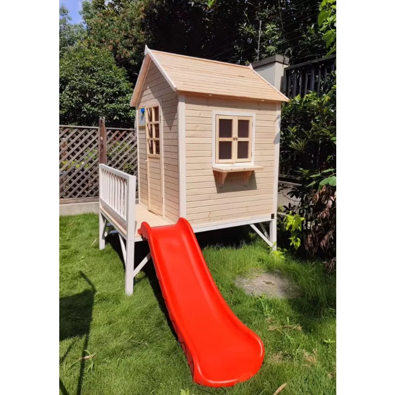 Kids Or Pet Wooden Playhouse With Slide And Sandbox Outdoor Children Wood Playhouses Garden Playground