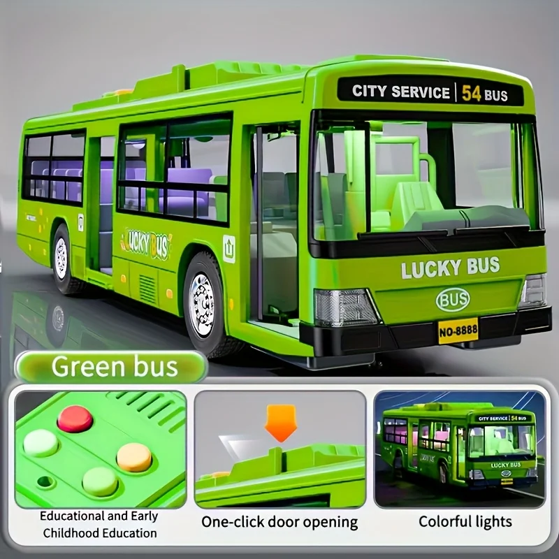 Brinquedo de ônibus de som e luz de liga, porta dupla, modelo de transporte da rota 54 |   Música + Luzes + Som Simulado do Motor |   Drop-resis
