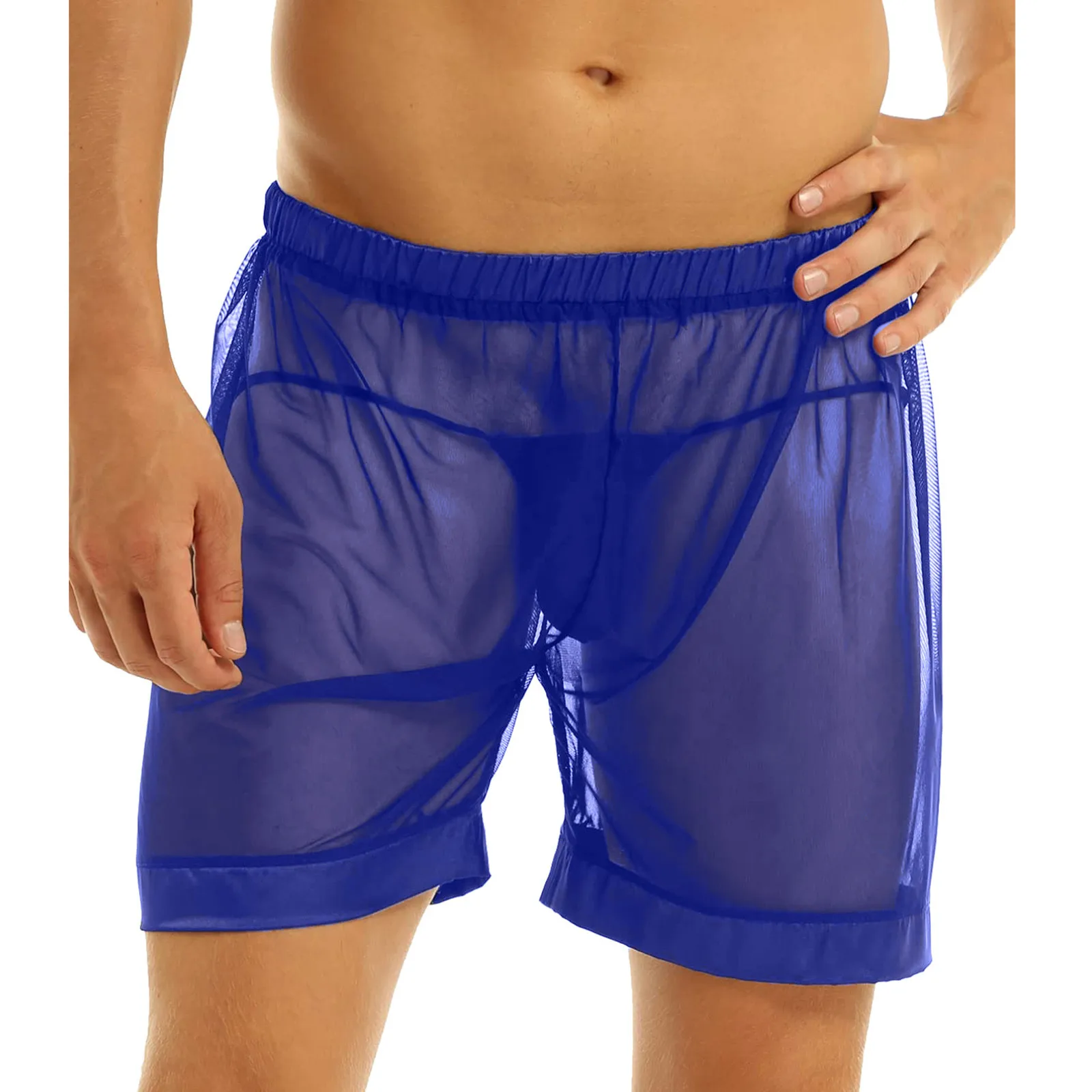 Boxer en maille Transparent pour hommes, sous-vêtement respirant, short en maille Transparent avec Large fente