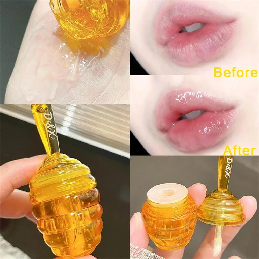 Honig Topf Lip Öl Lindert Trockene Feuchtigkeitsspend Lip Gloss Verblasst Lip Linien Spiegel Wasser Licht Großen Pinsel Kopf Pfirsich Schlafen lippen Pflege