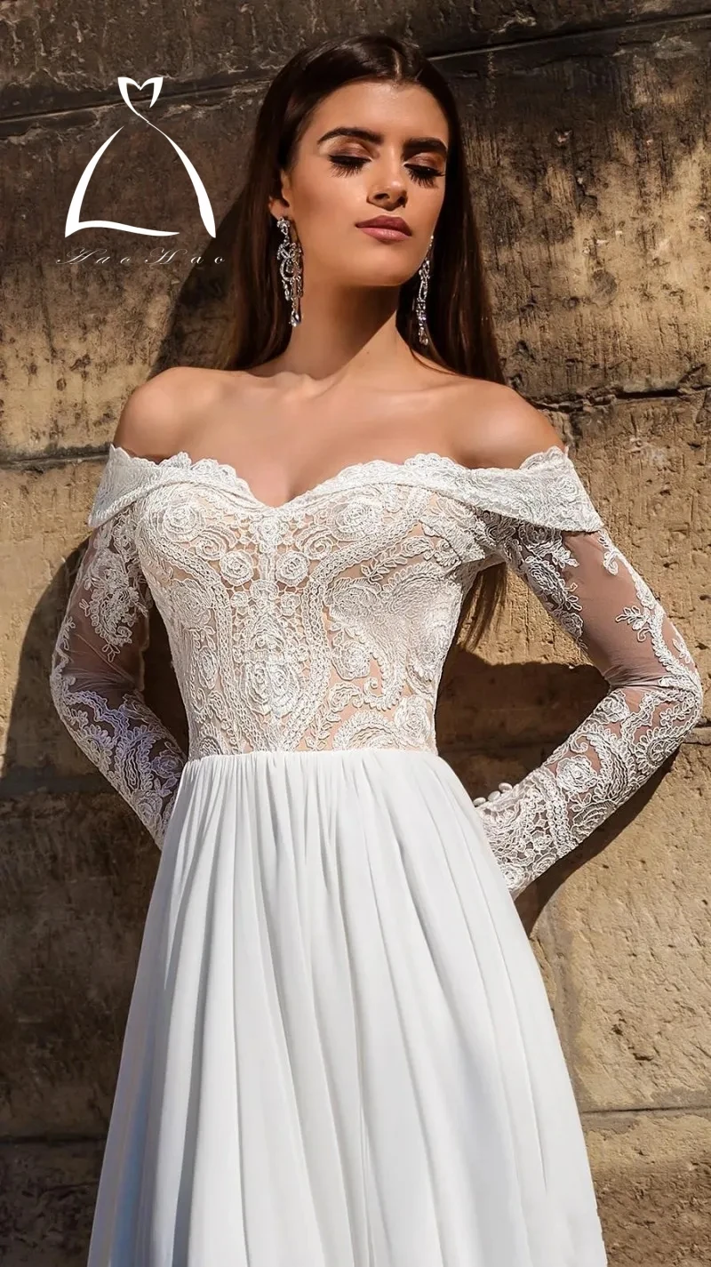 A Line Beach Wedding Gown Long Sleeve Off The Shoulder Sweep Train Winter Country Wedding Dress Lace Applique Plus Size Bride