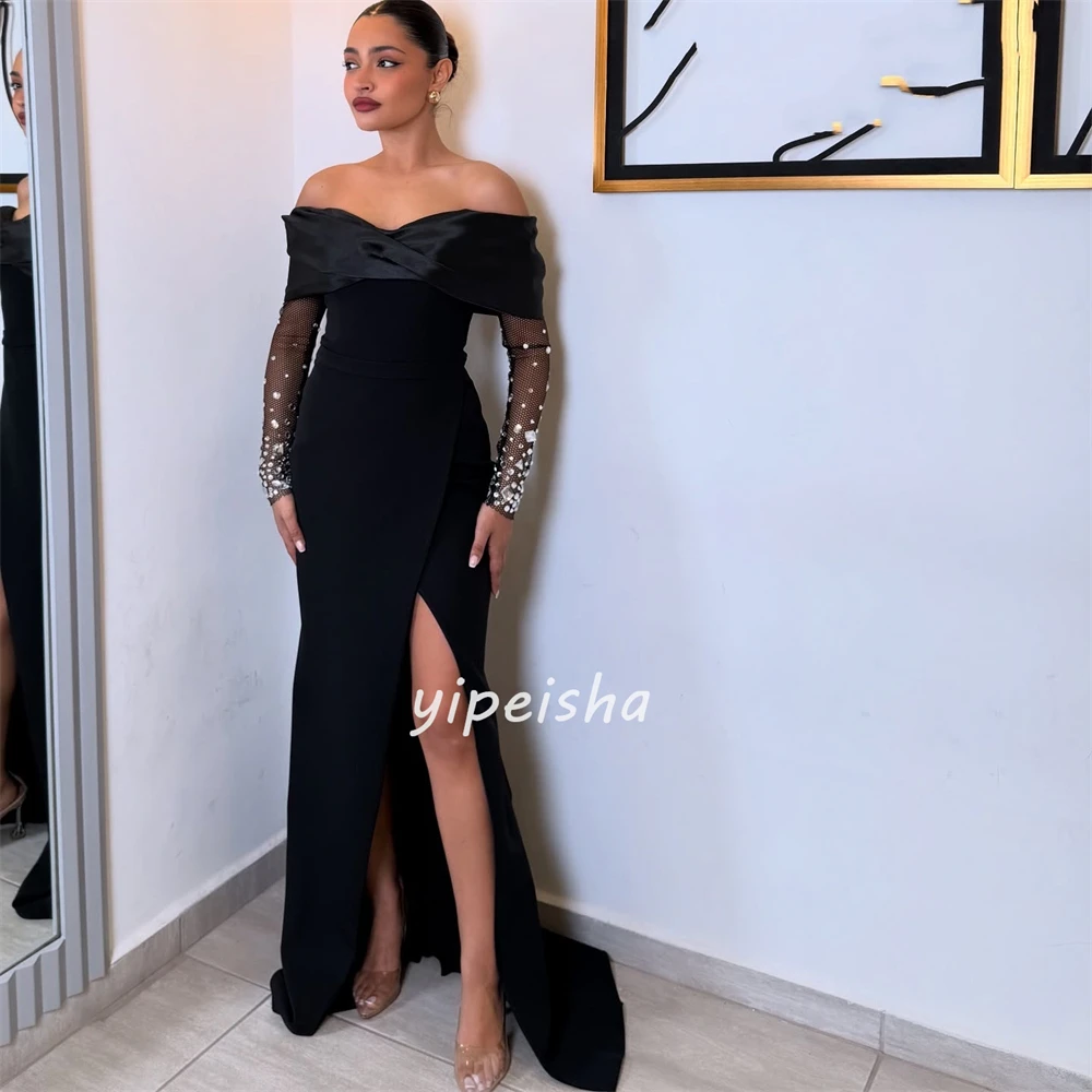 تخصيص الطراز الحديث أنيقة جيرسي حجر الراين Ruched حورية البحر خارج على الكتف فساتين طويلة مخصصة فساتين المناسبات الموضة