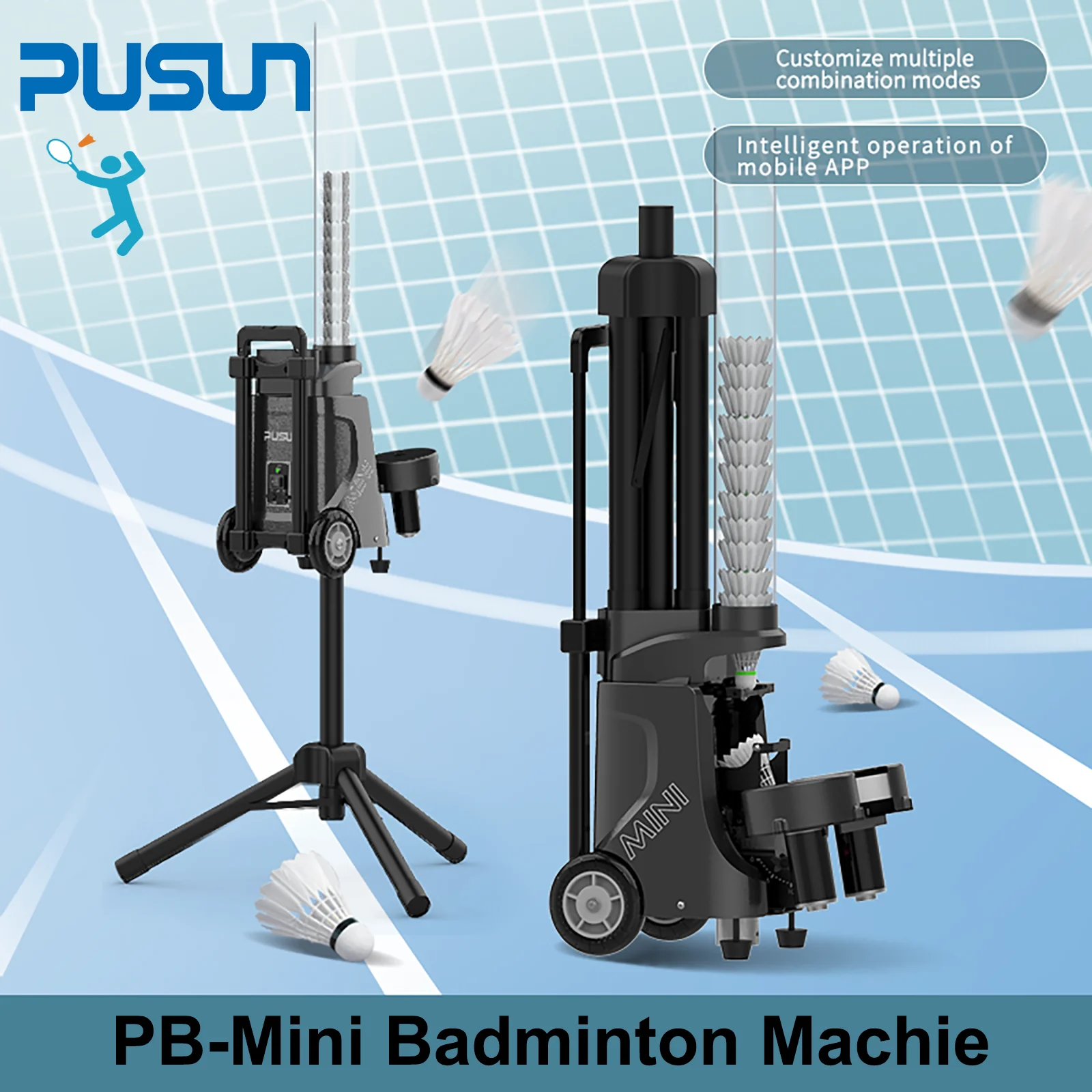 Badminton Machine, PUSUN PB-Mini Shuttlecock Training Equipment, 50+Ball Capacity, Smart App Control, 6-8hours Battery Life