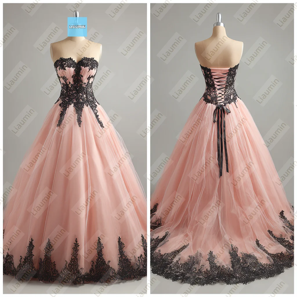 

Pink Tulle Black Lace Applique Strapless A Line With Train Evening Prom Wedding Formal Dress Lace-up Back Customized A7-1.53