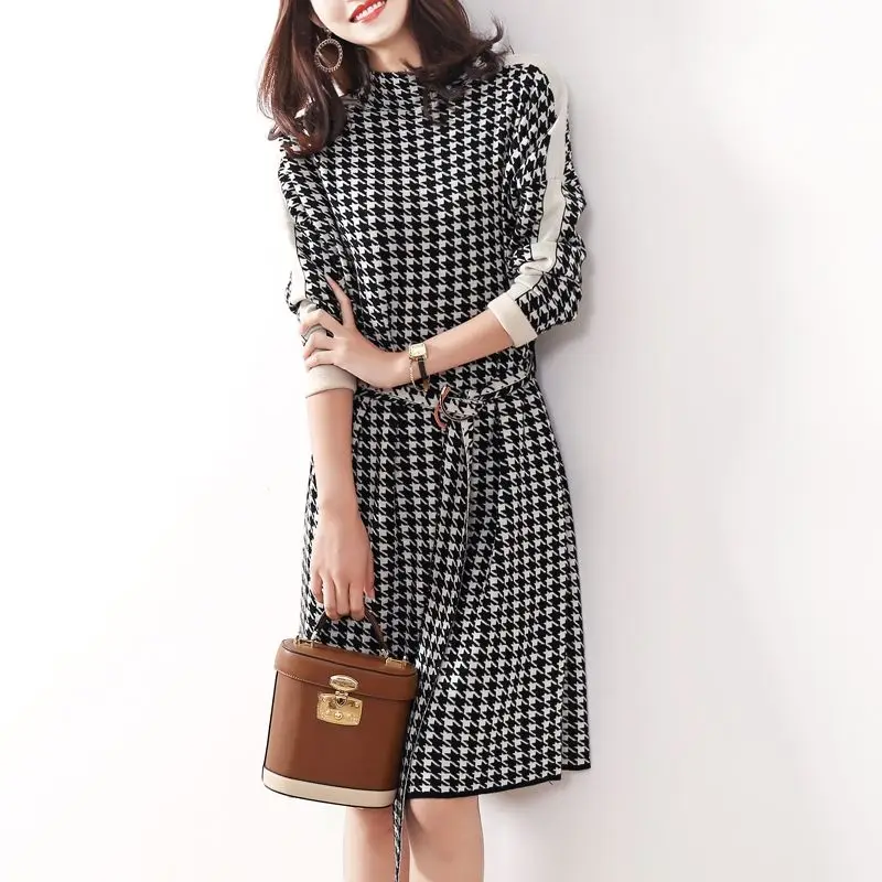 Female Clothing Houndstooth Spliced Dresses Vintage Half High Collar Autumn Winter New Elegant A-Line Sashes Bandage Midi Dress