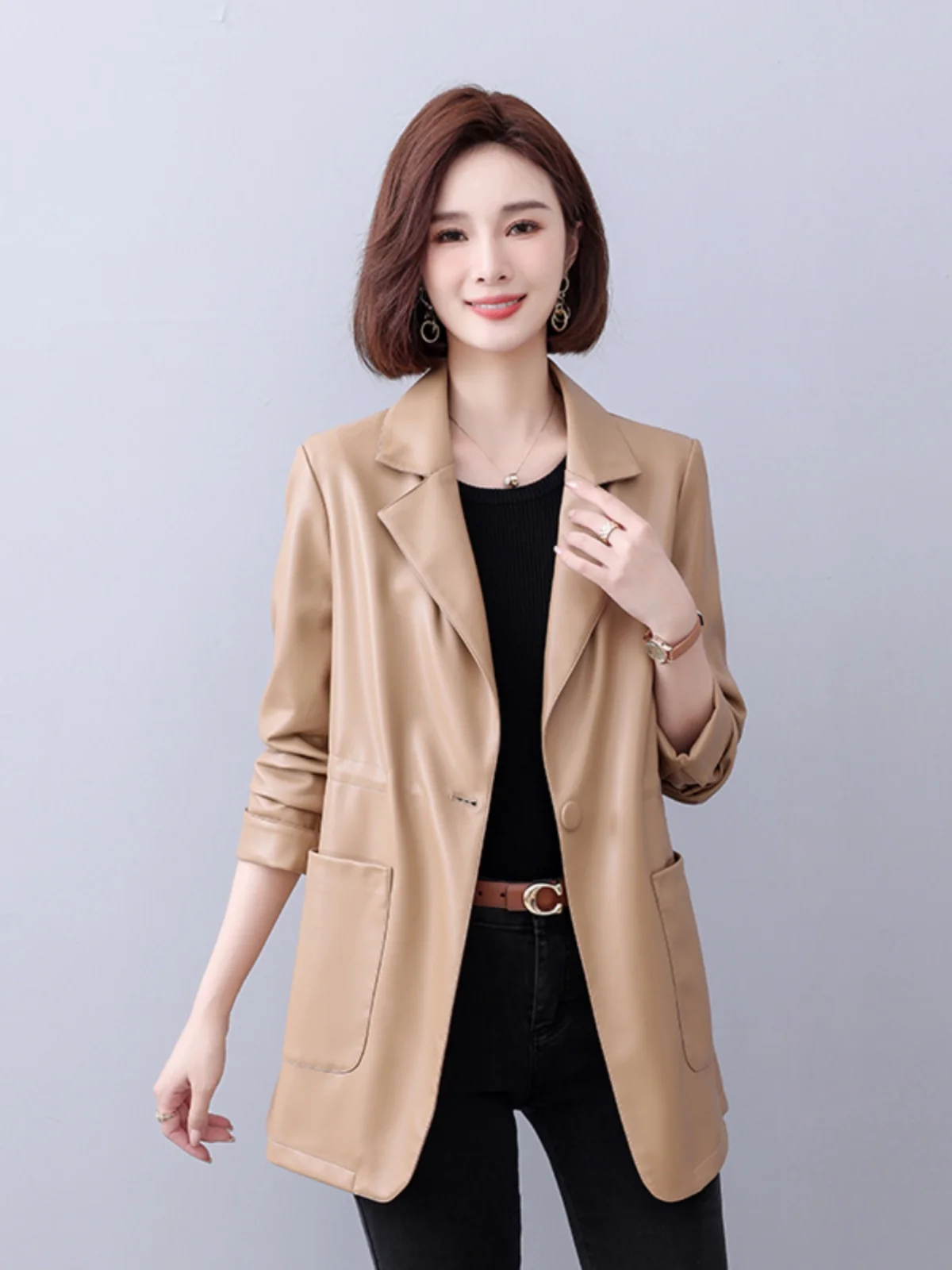 2025年新作 レディース 本革 ジェットスキン ロング丈 ウエストシェイプ スーツコート カジュアル 通勤 スリム ルーズフィット ロングスリーブ