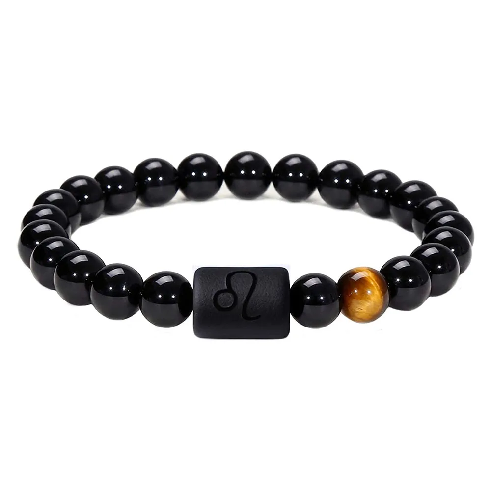 Zodiac Bracelet for Men 8mm Natural Black Onyx Tiger Eye Stone Star Sign Constellation Friendship Prayer Blessing Bracelet Gifts