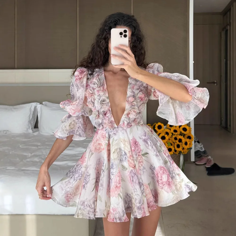 

Fashion floral printed lotus leaf hem mini dress 2025new sexy V-neck puffy sleeve three-dimensional flower waist-cinching party